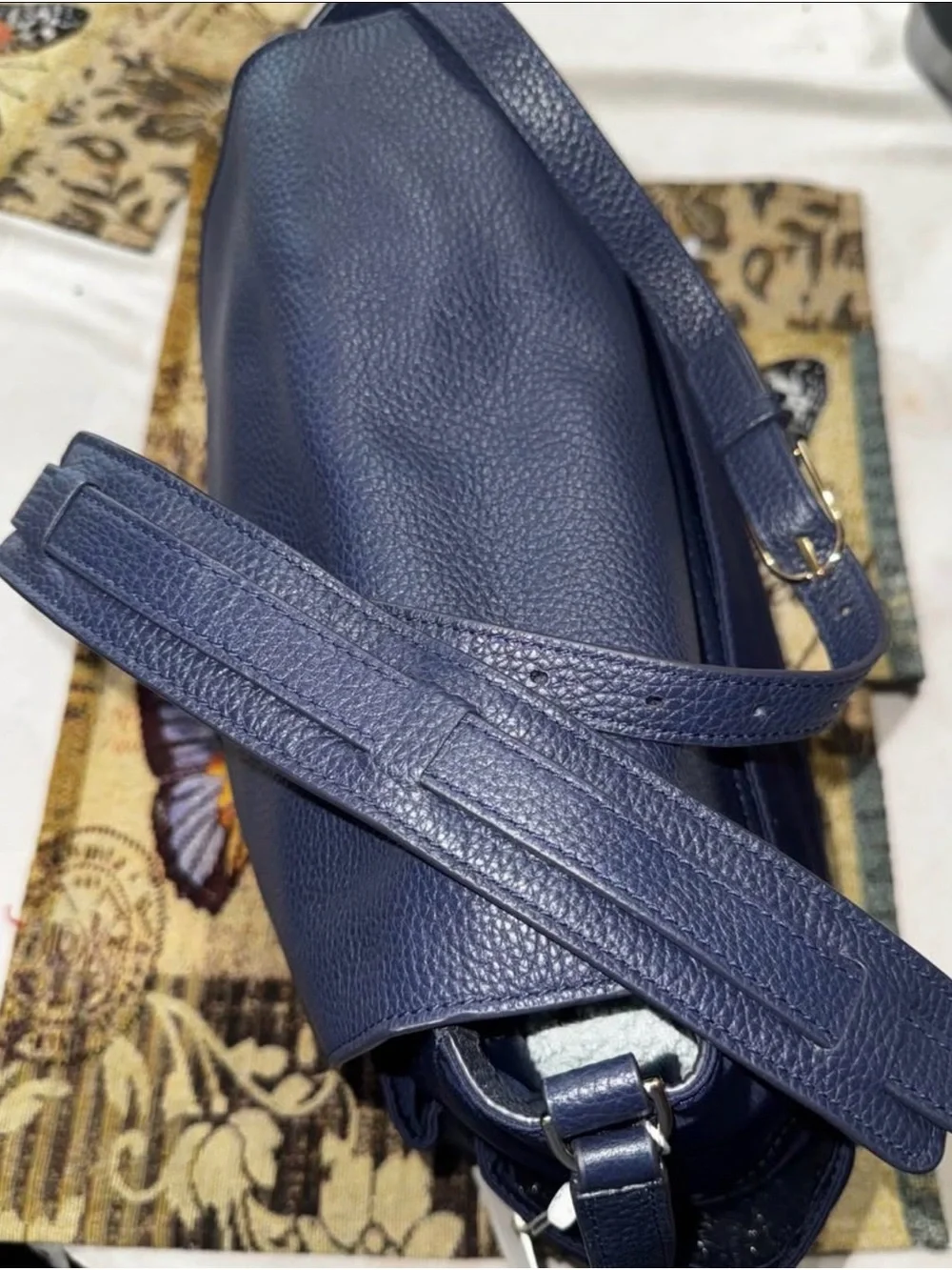 Tory Burch Navy Pebbled Leather Flap Baby Messenger Bag